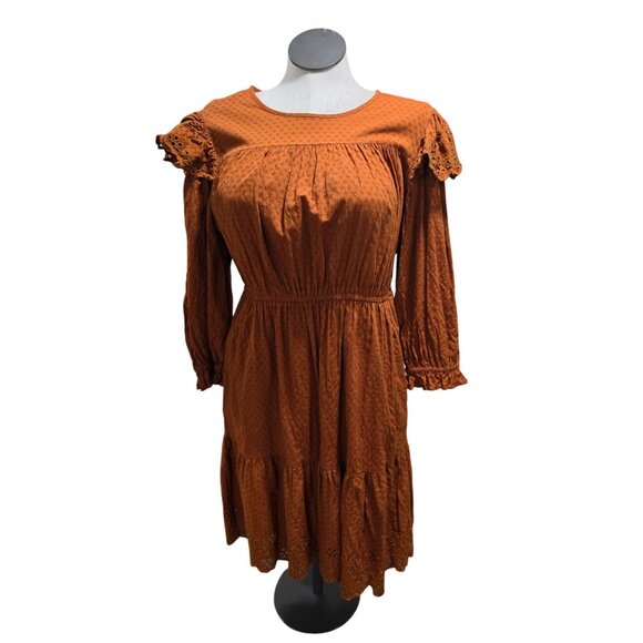 Rust Orange Long-Sleeve Textured Dress W/Eyelet Detailing & Elastic Waist By Uni - Picture 1 of 13